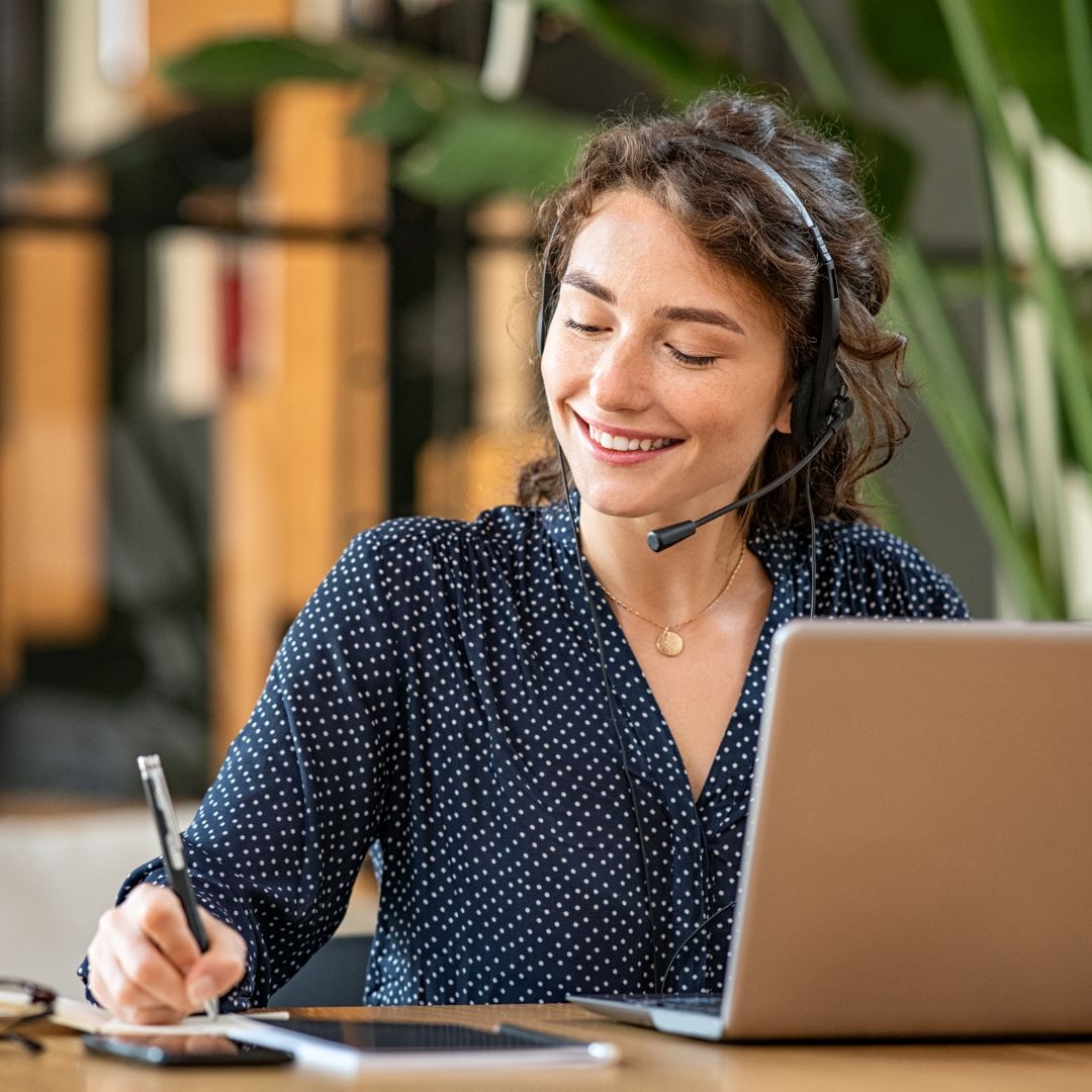 small business employee on headset